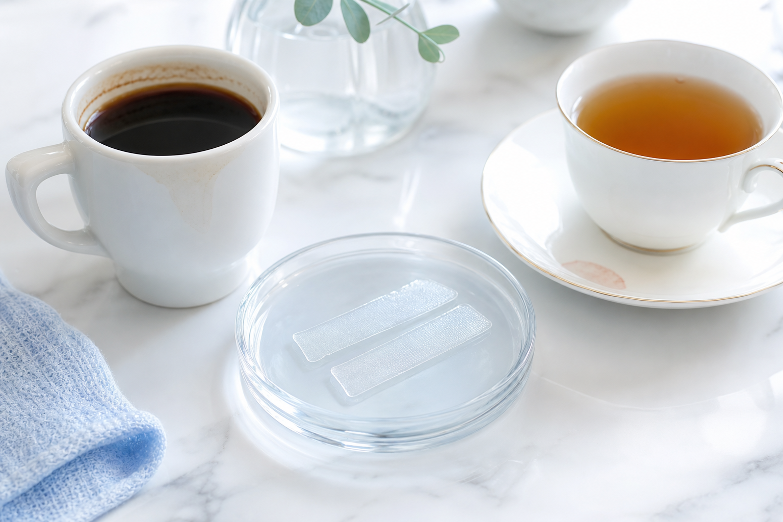 Kaffe och te utan förpackning – whitening strips på bricka