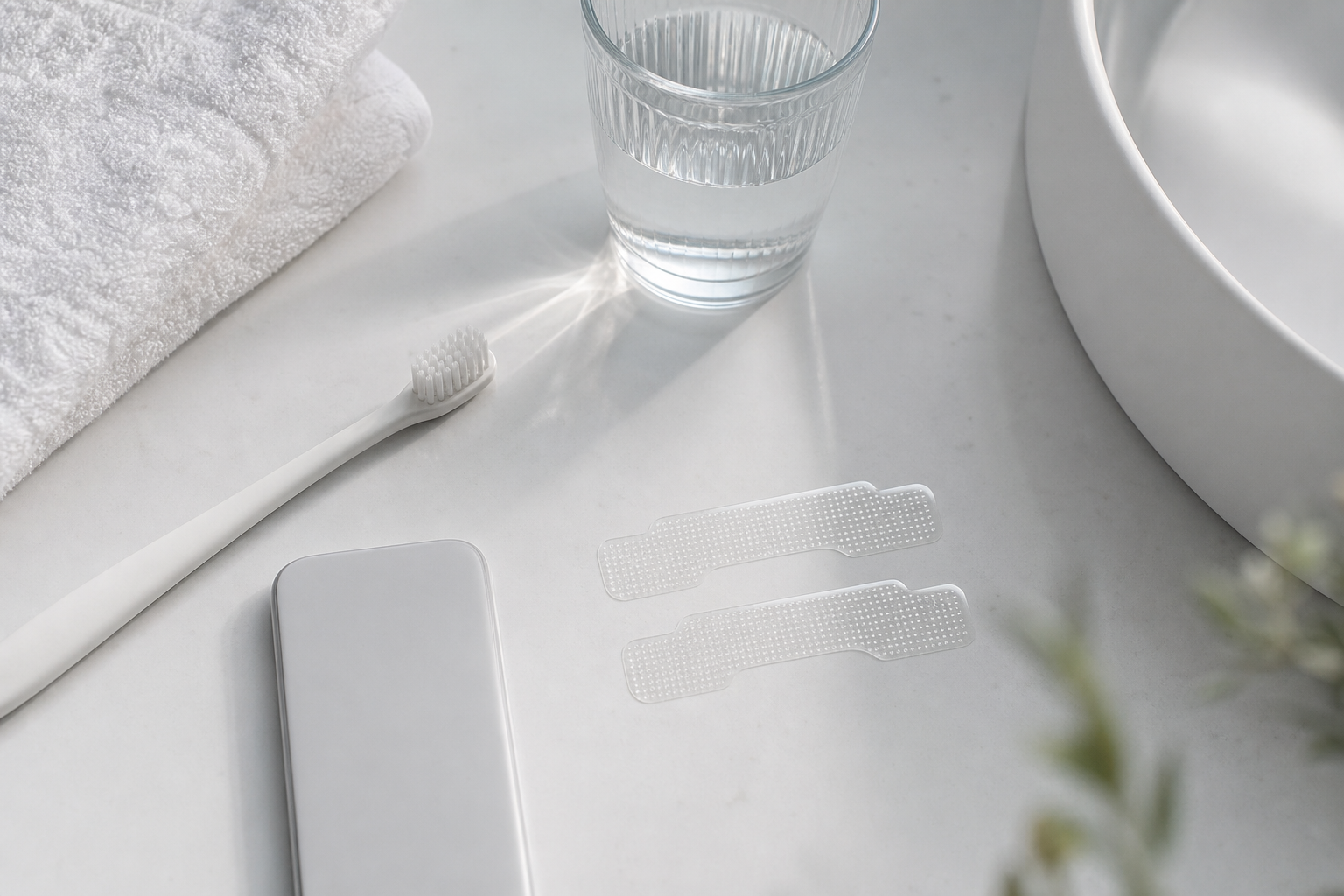 Morgonrutin utan förpackning – strips på badrumsyta