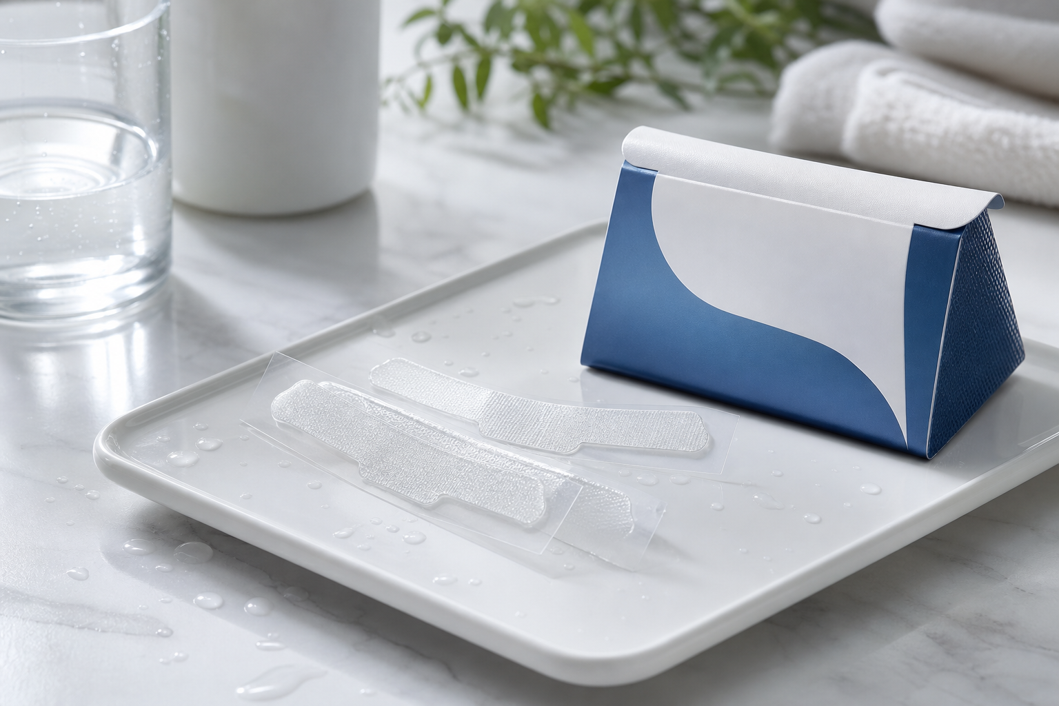 Närbild av tunna whitening strips och förpackning